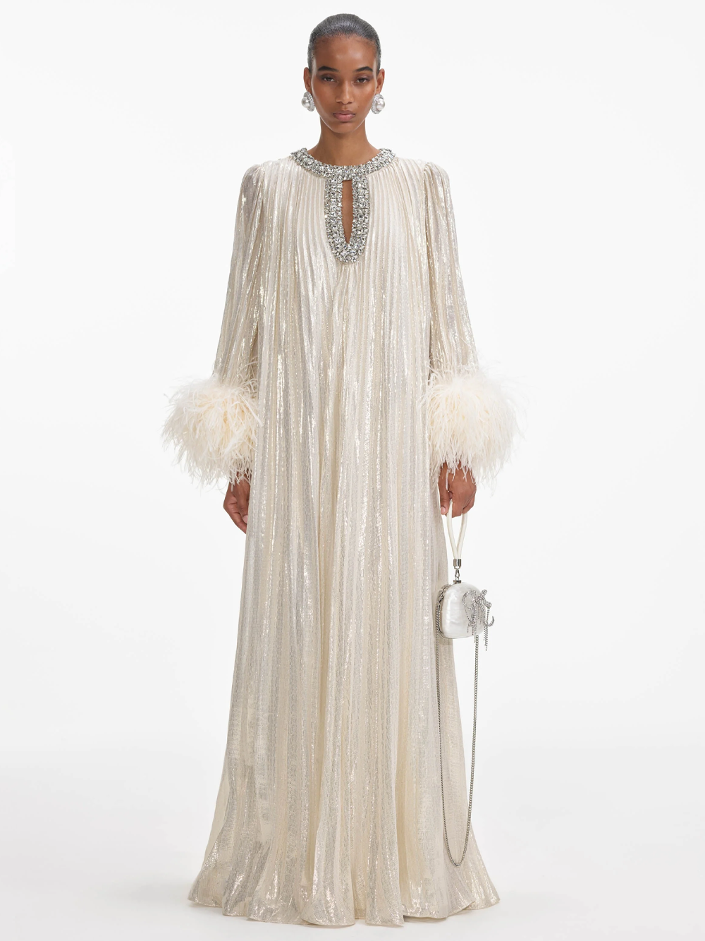 Gold Metallic Feather Maxi Dress