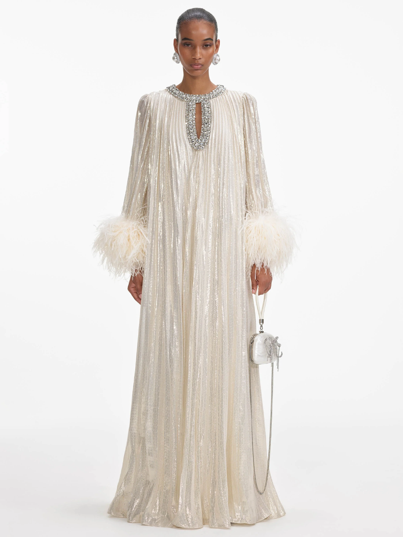 Gold Metallic Feather Maxi Dress