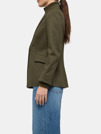 Side view of the SIMKHAI Auden Knit Combo Blazer in Dark Olive showing flap pocket and ribbed cuff