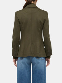 Back view of the SIMKHAI Auden Knit Combo Blazer in Dark Olive with contoured seams and buttoned cuffs