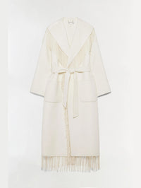 Flat lay of the SIMKHAI Carrie Fringe Coat in Frost with shawl collar, fringe trim and wrap belt.