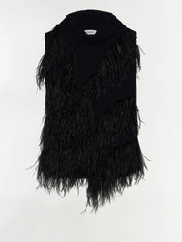 Front flat view of the SIMKHAI Elinor Feather Top in Black, a sleeveless turtleneck knit with ostrich feathers.