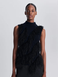 Close front view of the SIMKHAI Elinor Feather Top in Black showing the turtleneck and feather waves.