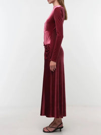 Side view of the SIMKHAI Ferrera long sleeve velvet midi dress in Lipstick.