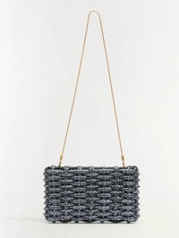 Front view of the SIMKHAI Morgan Woven Rhinestone Clutch in Black with its detachable gold-tone snake chain.
