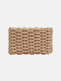 Flat lay of the Morgan Clutch in gold by Simkhai with woven textured surface