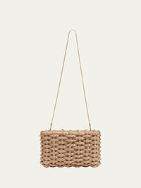Front view of the SIMKHAI Morgan Clutch in gold shown with its removable chain strap.
