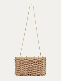 Front view of the Morgan Clutch in gold by Simkhai with woven texture and adjustable strap