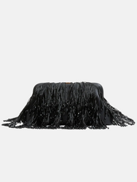 Flat lay of the Pia Clutch in black by Simkhai, featuring dramatic long fringe detailing