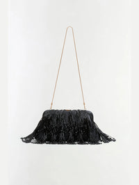 Front view of the SIMKHAI Pia Beaded Fringe Clutch in Black with its removable snake chain strap attached.