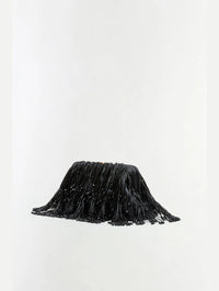 Angled view of the SIMKHAI Pia Beaded Fringe Clutch in Black showing the cascading wave of beaded fringe.