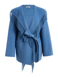 Front flat lay of the SIMKHAI Rowen Fringe Jacket in Dusty Frost with fringed lapels and a tied belt.