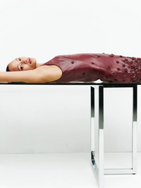 Side view of the Talen Leather Mini Dress in fig by Simkhai, featuring studded detailing on the bodice