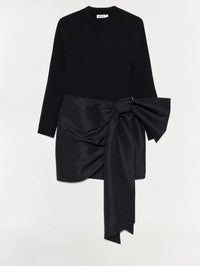 Flat lay of the SIMKHAI Tedda Taffeta Knit Mini Dress in Black with its oversized taffeta bow.