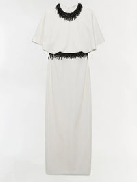 Front flat view of the SIMKHAI Vantrel Short Sleeve Gown in Ivory with black beaded neckline and waist.