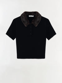 Flat view of the SIMKHAI Vayla Wool Cashmere Polo in Black Chocolate Multi with brown faux fur collar.