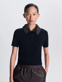 Front close view of the SIMKHAI Vayla Wool Cashmere Polo in Black Chocolate Multi showing the fur collar.