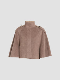 Front view of the SIMKHAI Yara Cape Jacket in Mushroom Melange wool with a stand collar and epaulettes.