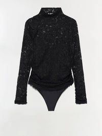 Front flat view of the SIMKHAI Zurie Lace Bodysuit in Black with high neckline and long lace sleeves.