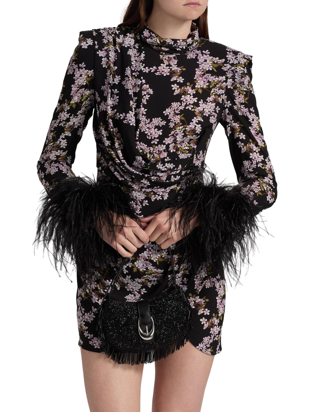 Nadine Floral Feather-Cuff Minidress