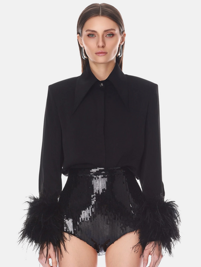 Button Down Blouse with Feather Cuffs in Black