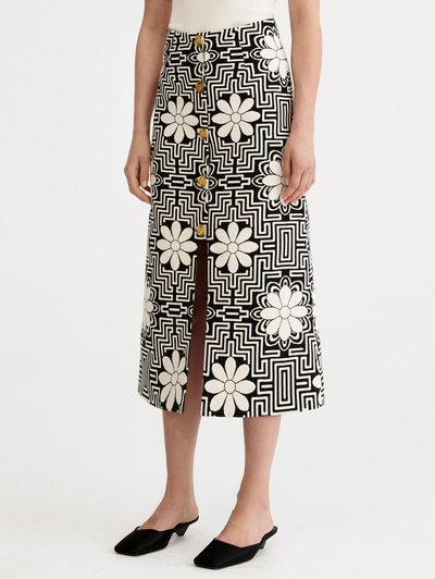 Black Graphic A-Line Midi Skirt