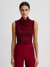 Front view of the Cowl Neck Knit Shell in Garnet by Smythe