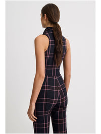 Back view of the Funnel Neck Shell in Fig Plaid by SMYTHE, showcasing the sleeveless silhouette and tailored fit