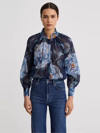 Gathered Blouse in Navy Floral