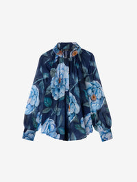 Flat product view of the SMYTHE Gathered Blouse in Navy Floral Liberty cotton chiffon.