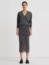 Full-length front view of the SMYTHE Graphite Lace Pencil Skirt showing the scalloped midi hem.