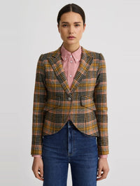 Front view of the SMYTHE One Button Blazer in Rose Multi check, worn with a pink shirt and jeans