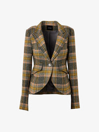 Flat lay of the SMYTHE One Button Blazer in Rose Multi showing the cut-away front and signature button