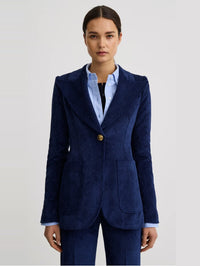 Front view of the SMYTHE Patch Pocket Birkin Blazer in Sapphire Corduroy over a light blue oxford shirt.