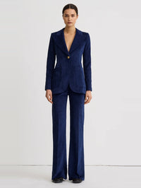 Full-length view of the SMYTHE Patch Pocket Birkin Blazer in Sapphire Corduroy with the matching wide-leg trouser.