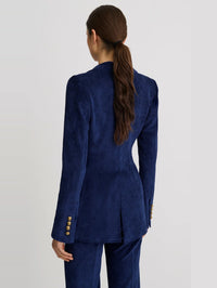 Back view of the SMYTHE Patch Pocket Birkin Blazer in Sapphire Corduroy showing the high back vent.