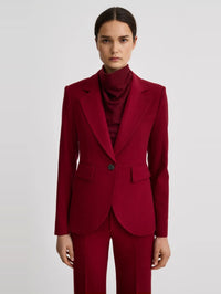 Front view of the SMYTHE Seamed Blazer in Garnet Fleck showing the waist seam and flap pockets