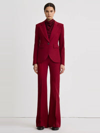Full length front view of the SMYTHE Seamed Blazer in Garnet Fleck worn as a suit with matching pants