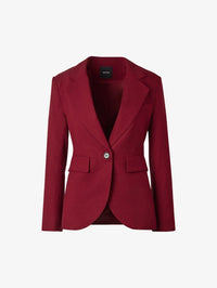Flat lay of the SMYTHE Seamed Blazer in Garnet Fleck showing the single button and rounded front hem