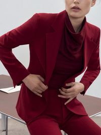 Close-up front view of the Seamed Blazer in Garnet Fleck by SMYTHE with notch lapels