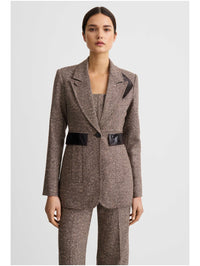 Front view of the Tailored Boyfriend Blazer in Biscotti Tweed by SMYTHE with velvet lapels and waist detail