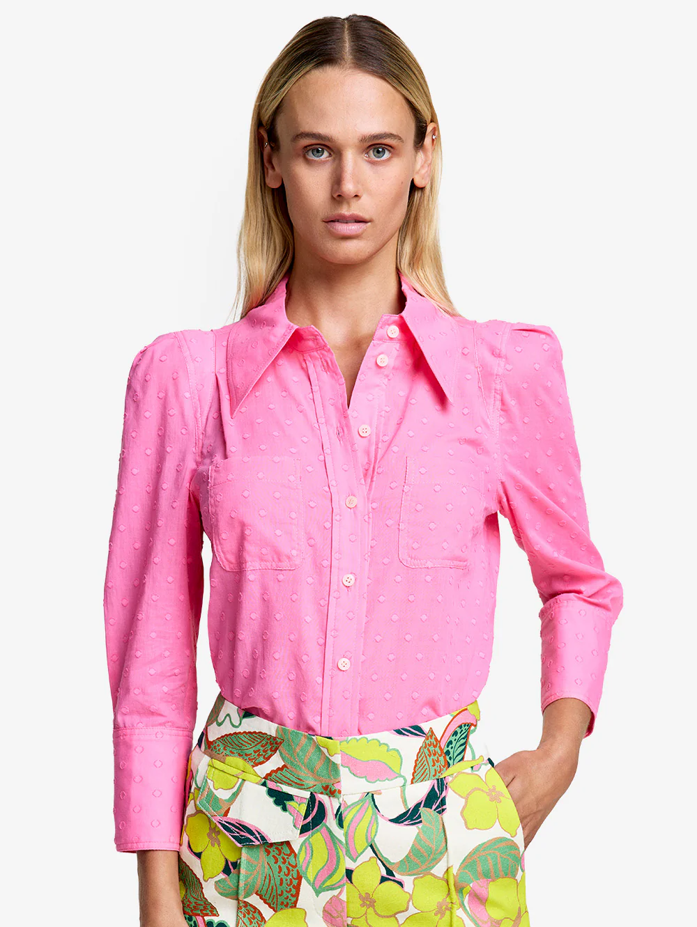 Peony Dot Crop Sleeve Box Pleat Shirt
