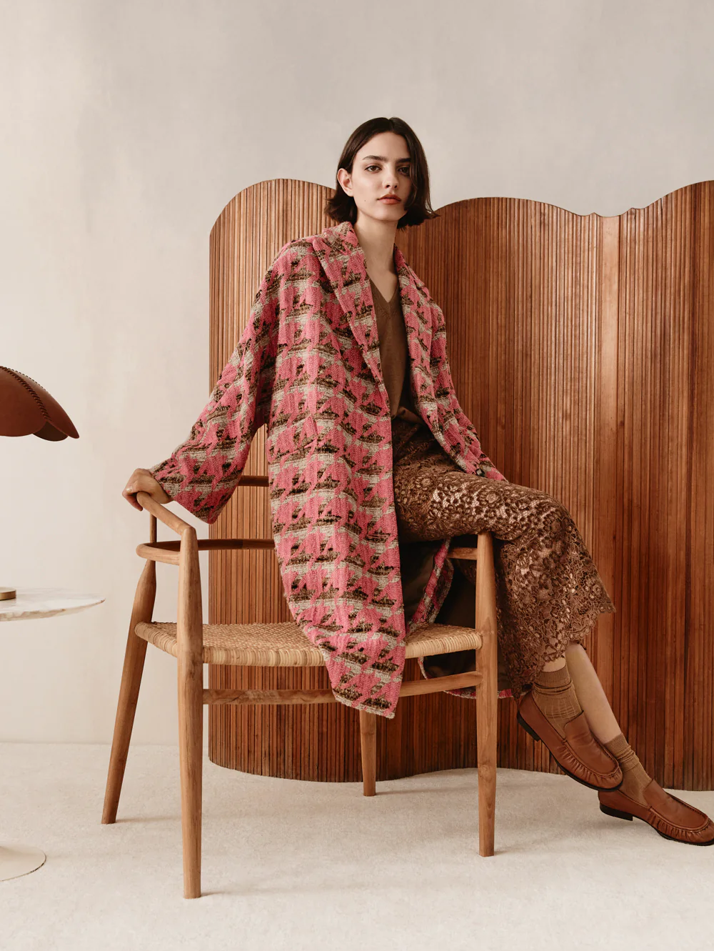 Pink Houndstooth Oversized Swing Coat