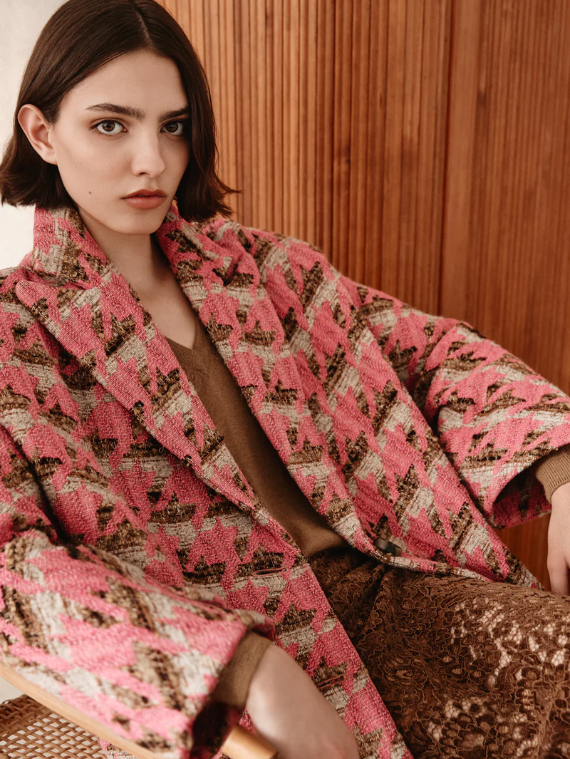 Pink Houndstooth Oversized Swing Coat