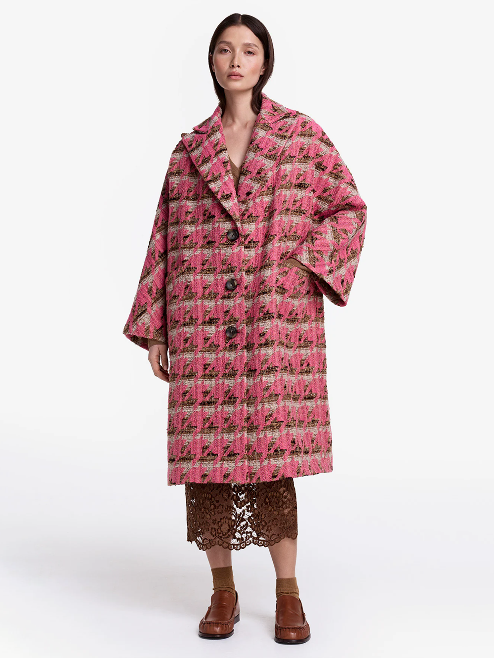 Pink Houndstooth Oversized Swing Coat