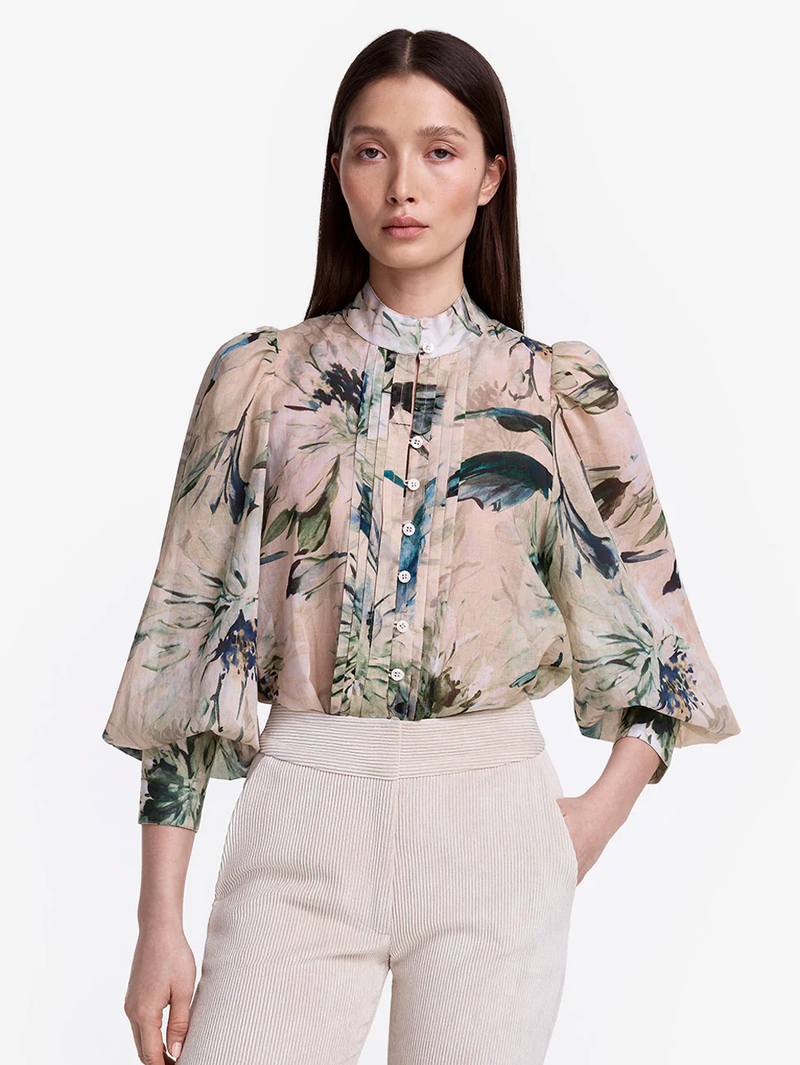 Green Brushstroke Bishop Sleeve Frontier Blouse