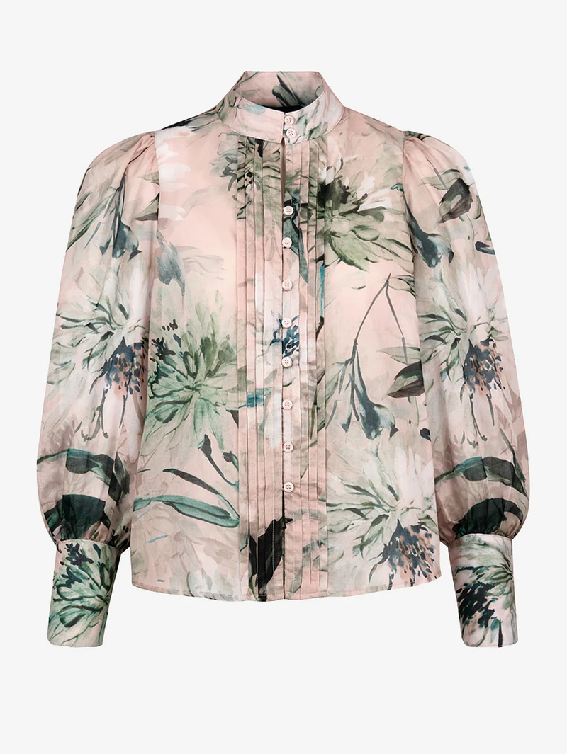Green Brushstroke Bishop Sleeve Frontier Blouse