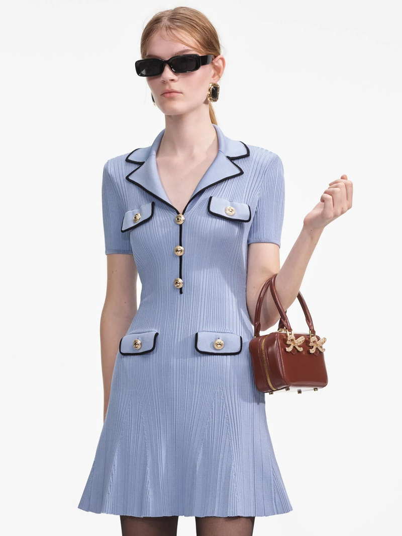 Blue Viscose Rib Knit Mini Dress