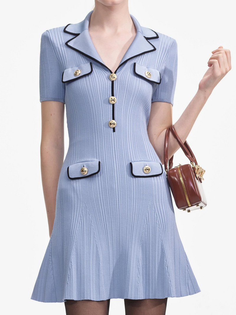Blue Viscose Rib Knit Mini Dress