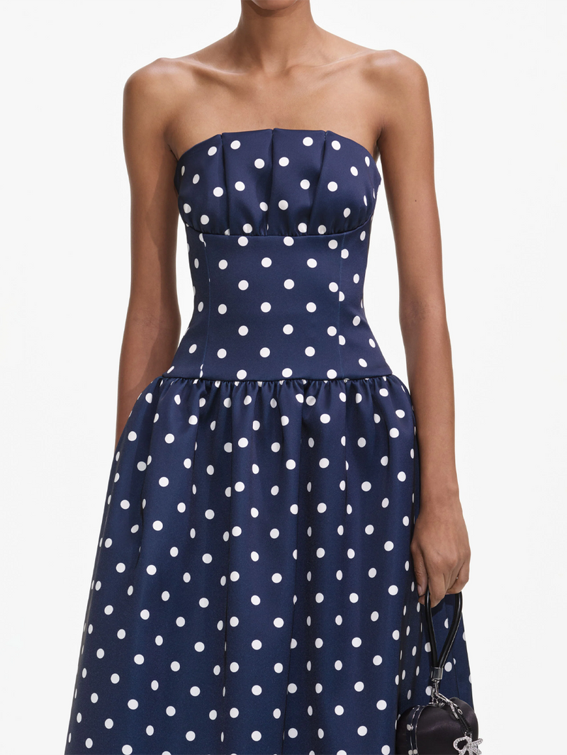 Navy Polka Dot Satin Midi Dress